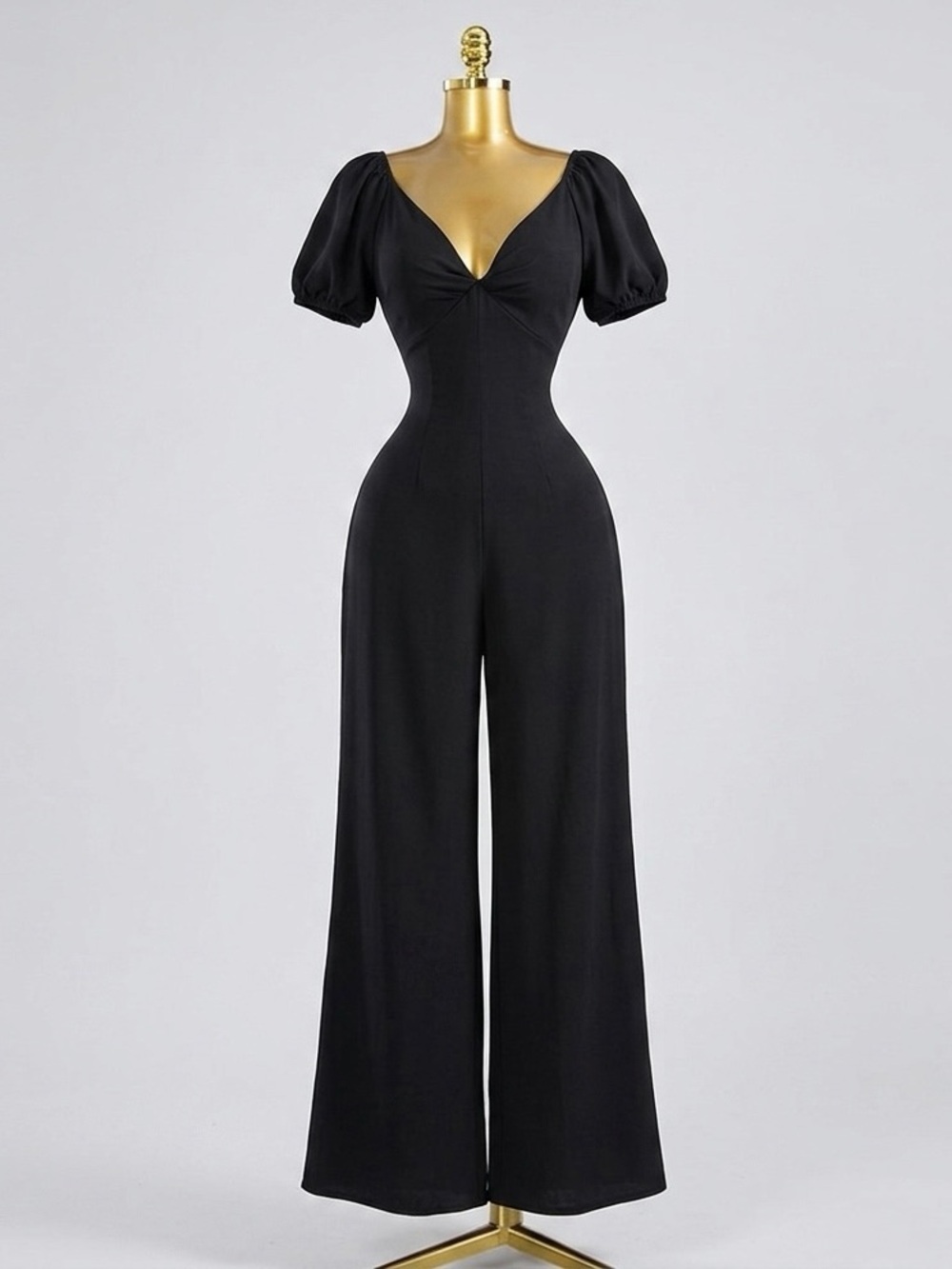 Fashion Nova Black V-Neck Puff-Sleeve Wide-Leg Jumpsuit
